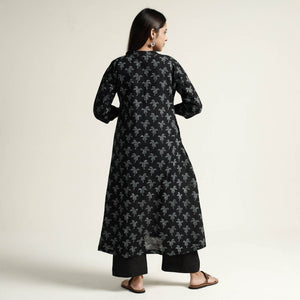 Black - Block Print Handwoven Cotton A-Line Mangalagiri Kurta 15