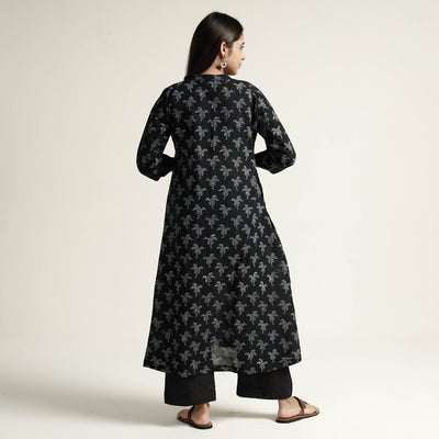 Black - Block Print Handwoven Cotton A-Line Mangalagiri Kurta 15