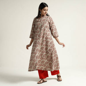 Brown - Block Print Handwoven Cotton A-Line Mangalagiri Kurta 16