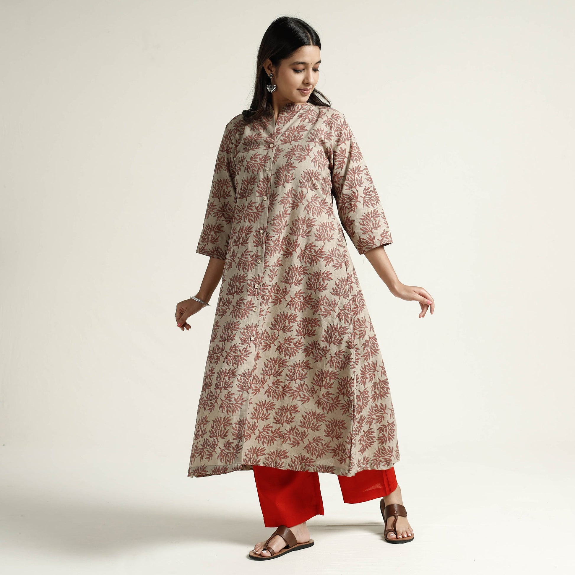 Brown - Block Print Handwoven Cotton A-Line Mangalagiri Kurta 16