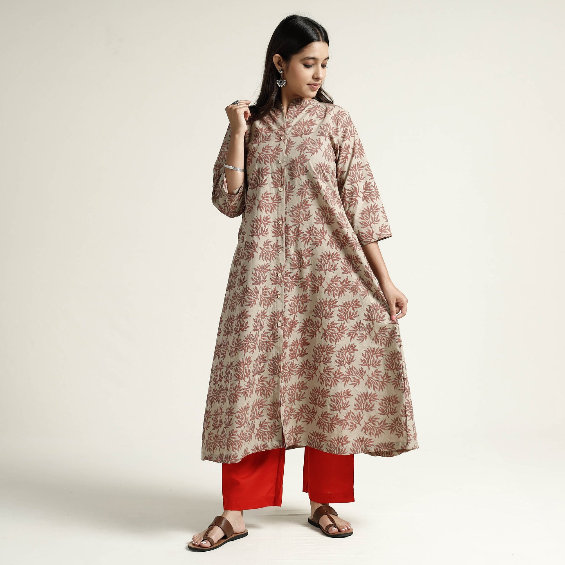 Brown - Block Print Handwoven Cotton A-Line Mangalagiri Kurta 16