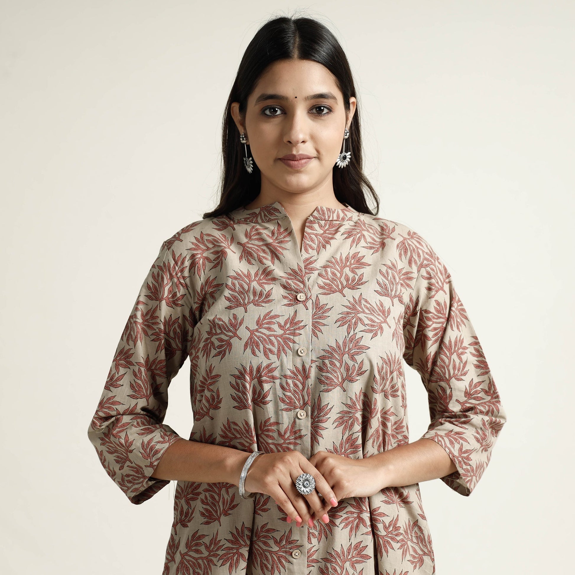 Brown - Block Print Handwoven Cotton A-Line Mangalagiri Kurta 16