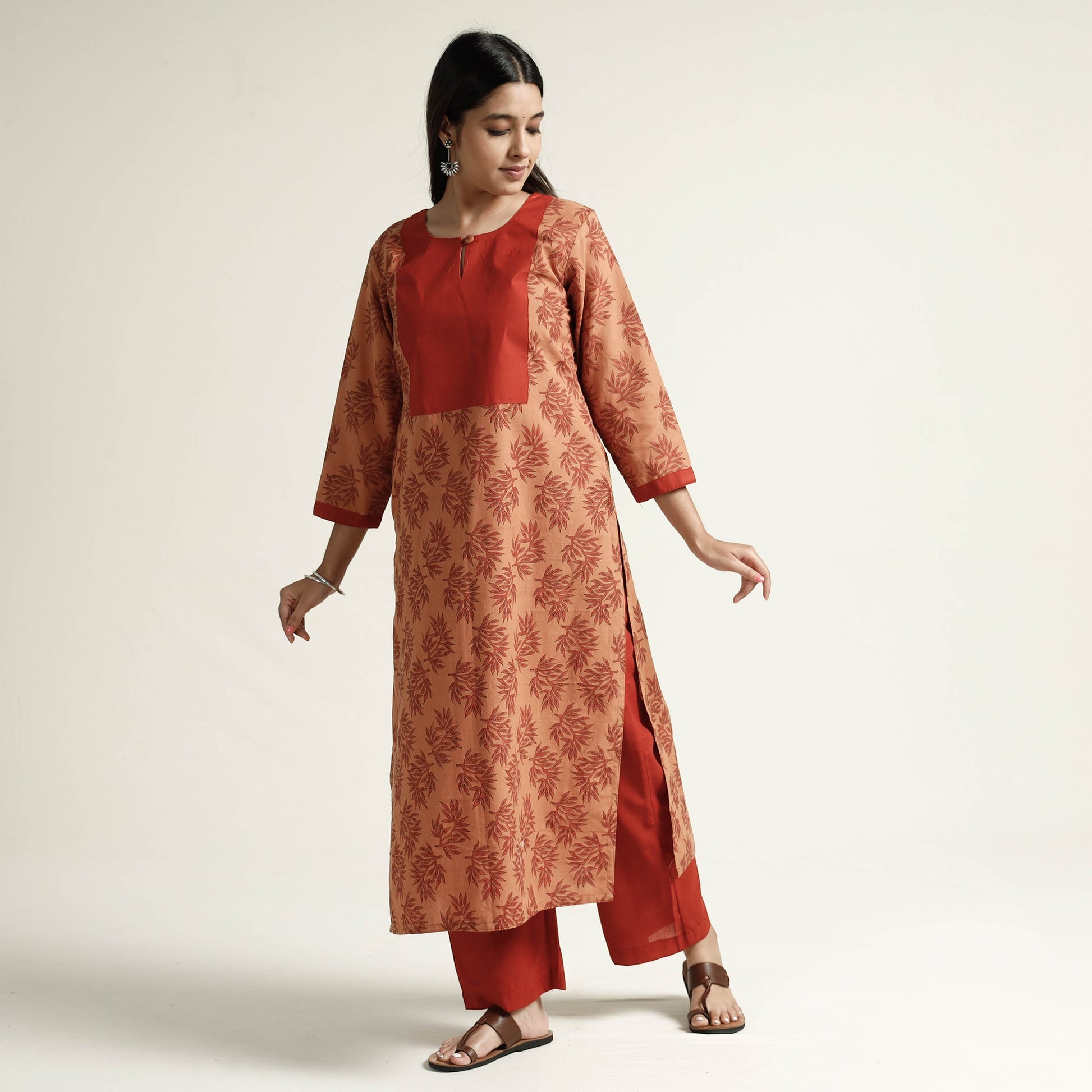 Brown - Block Print Handwoven Cotton Straight Mangalagiri Kurta 04