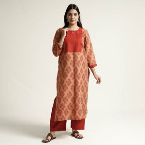 Brown - Block Print Handwoven Cotton Straight Mangalagiri Kurta 04