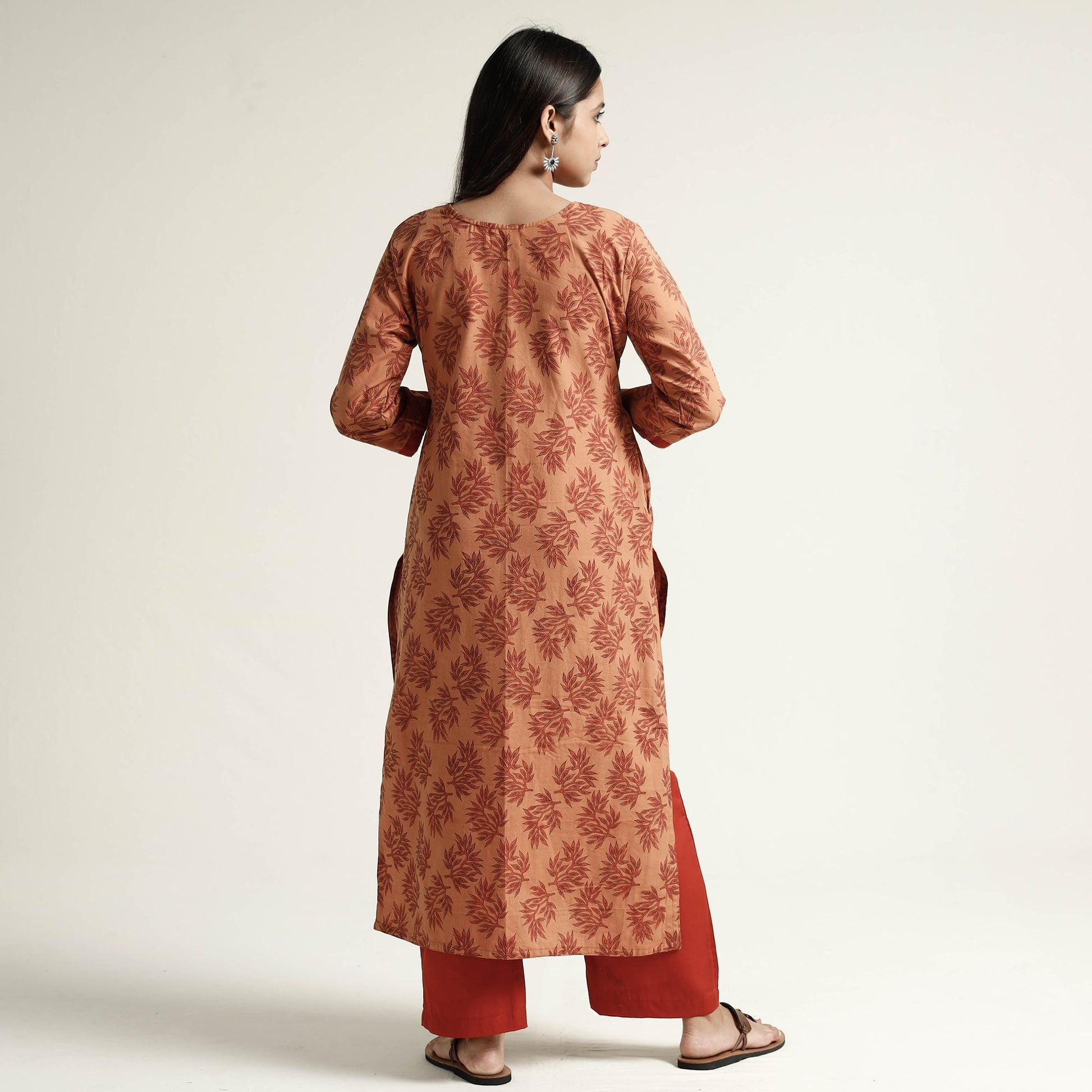 Brown - Block Print Handwoven Cotton Straight Mangalagiri Kurta 04