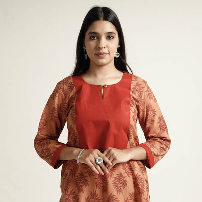 Brown - Block Print Handwoven Cotton Straight Mangalagiri Kurta 04