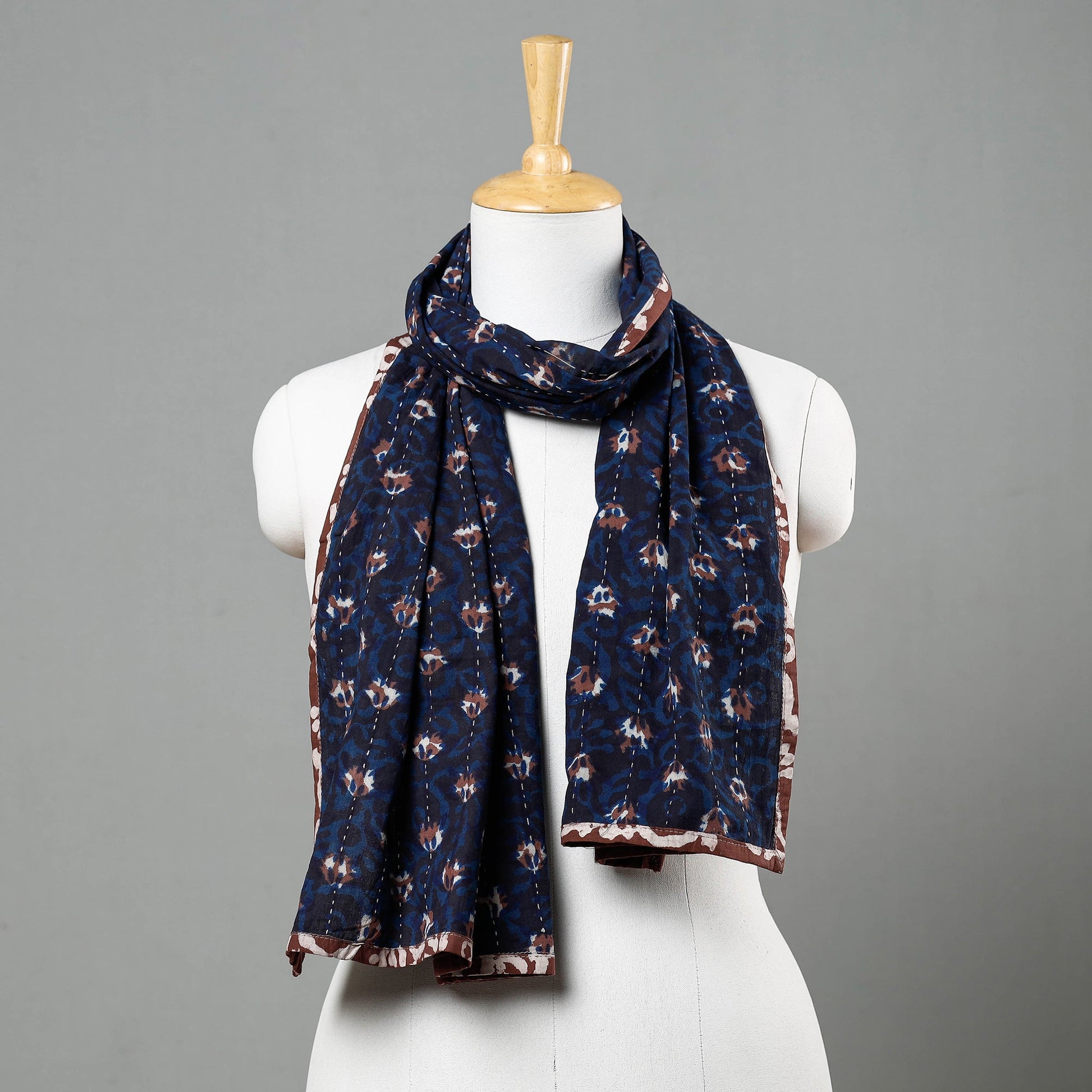 Blue - Bagru Block Printed Tagai Work Cotton Stole
