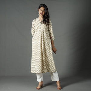 Beige - Pipad Block Printed Cotton A-Line Long Kurta