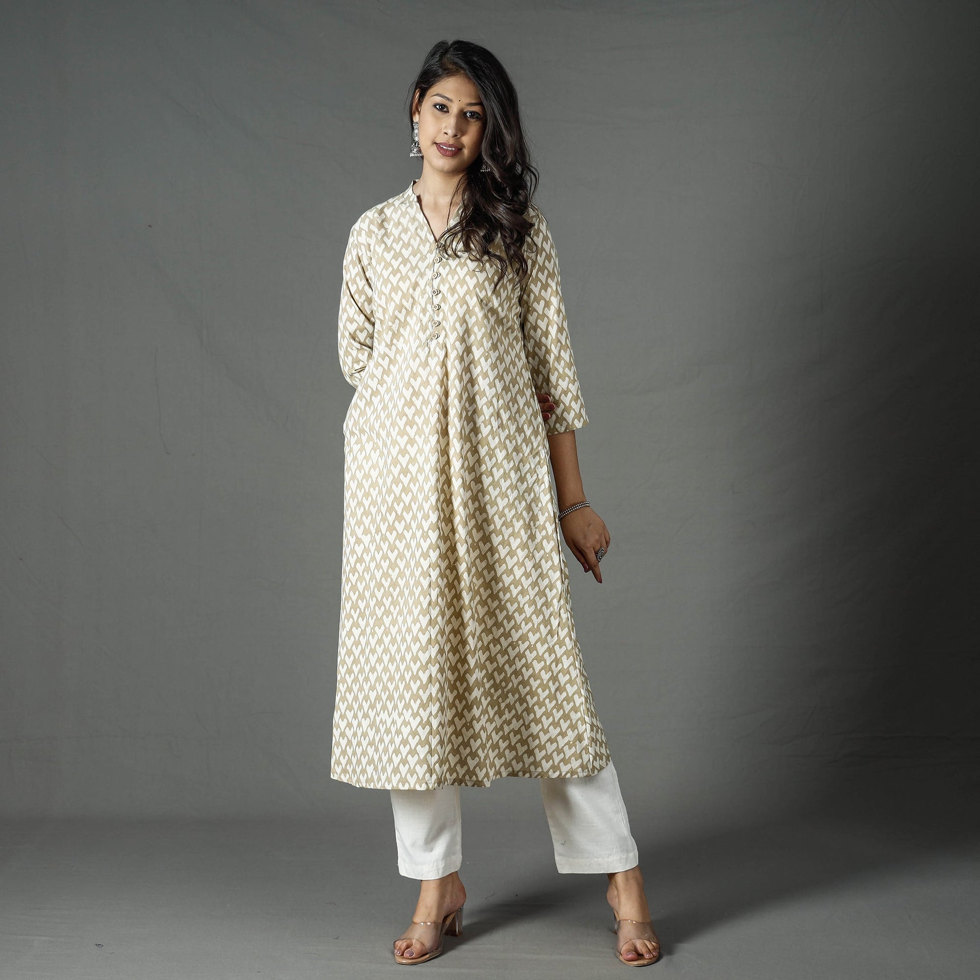 Beige - Pipad Block Printed Cotton A-Line Long Kurta