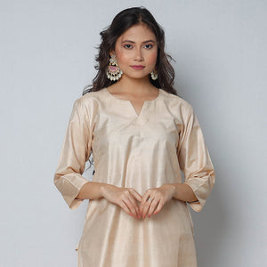 Beige - Tussar Silk Plain Long Straight Kurta