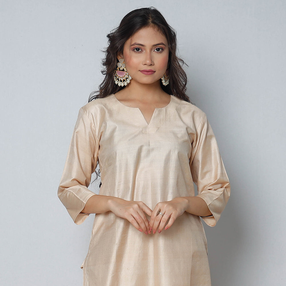 Beige - Tussar Silk Plain Long Straight Kurta