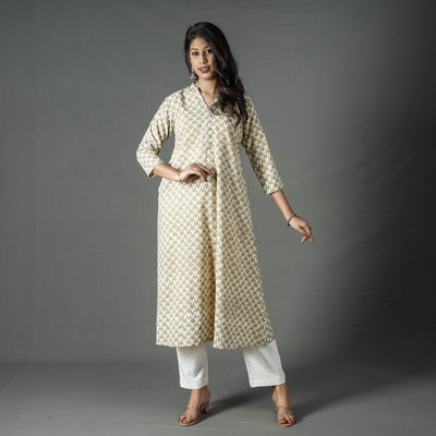 Beige - Pipad Block Printed Cotton A-Line Long Kurta