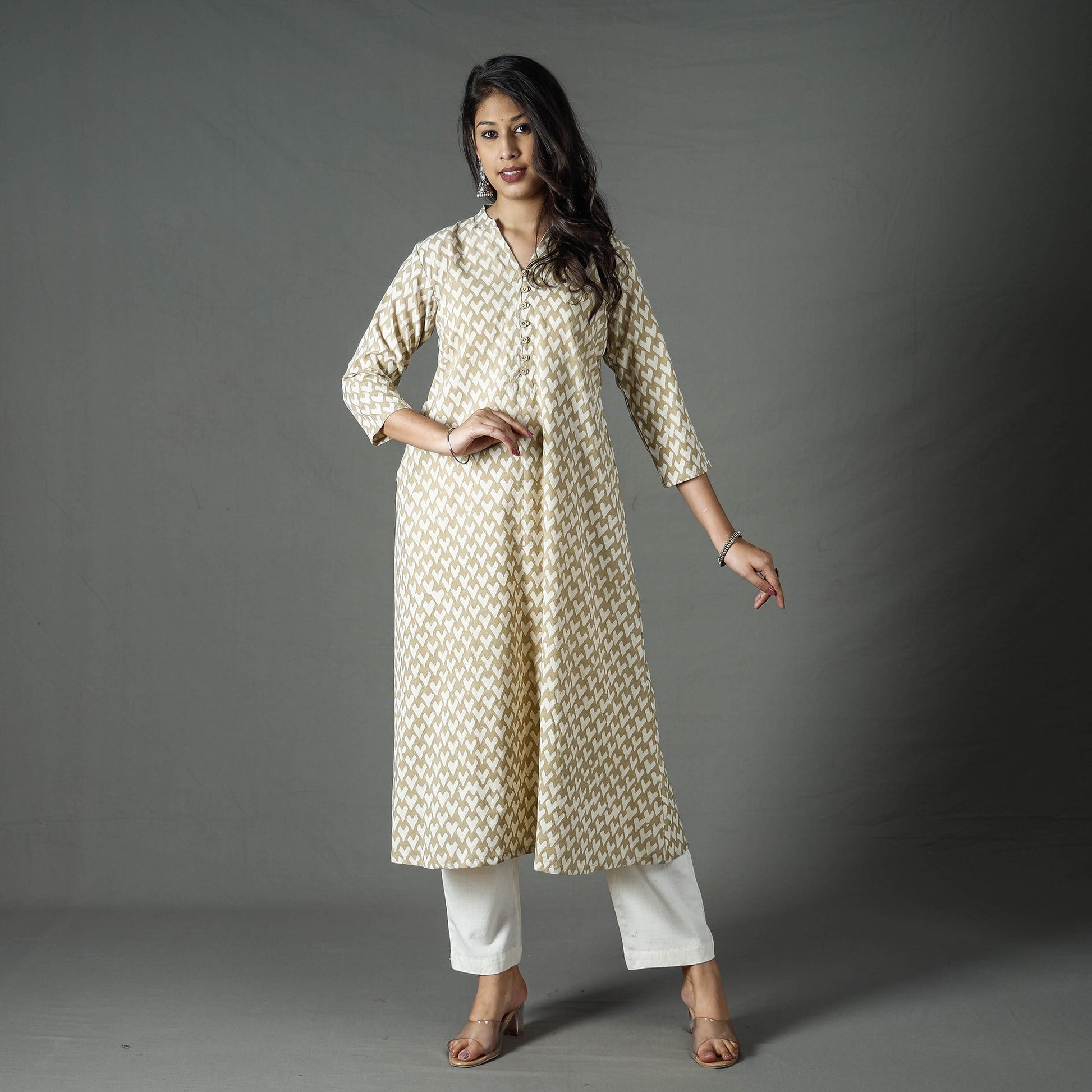 Beige - Pipad Block Printed Cotton A-Line Long Kurta