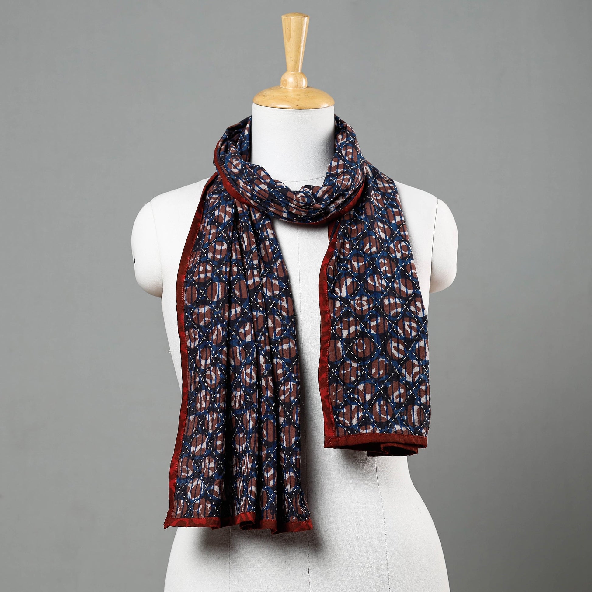 Blue - Bagru Block Printed Tagai Work Cotton Stole