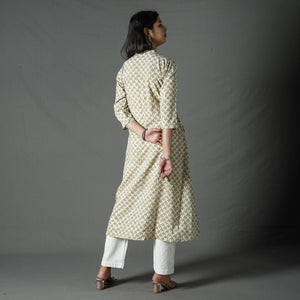 Beige - Pipad Block Printed Cotton A-Line Long Kurta