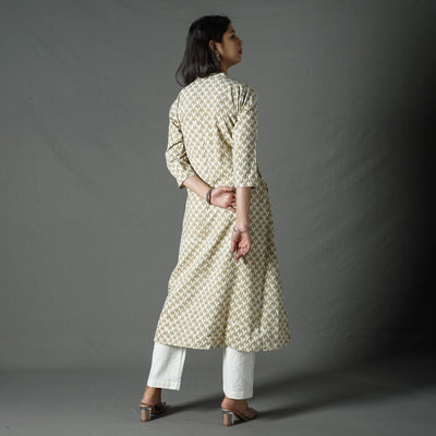 Beige - Pipad Block Printed Cotton A-Line Long Kurta