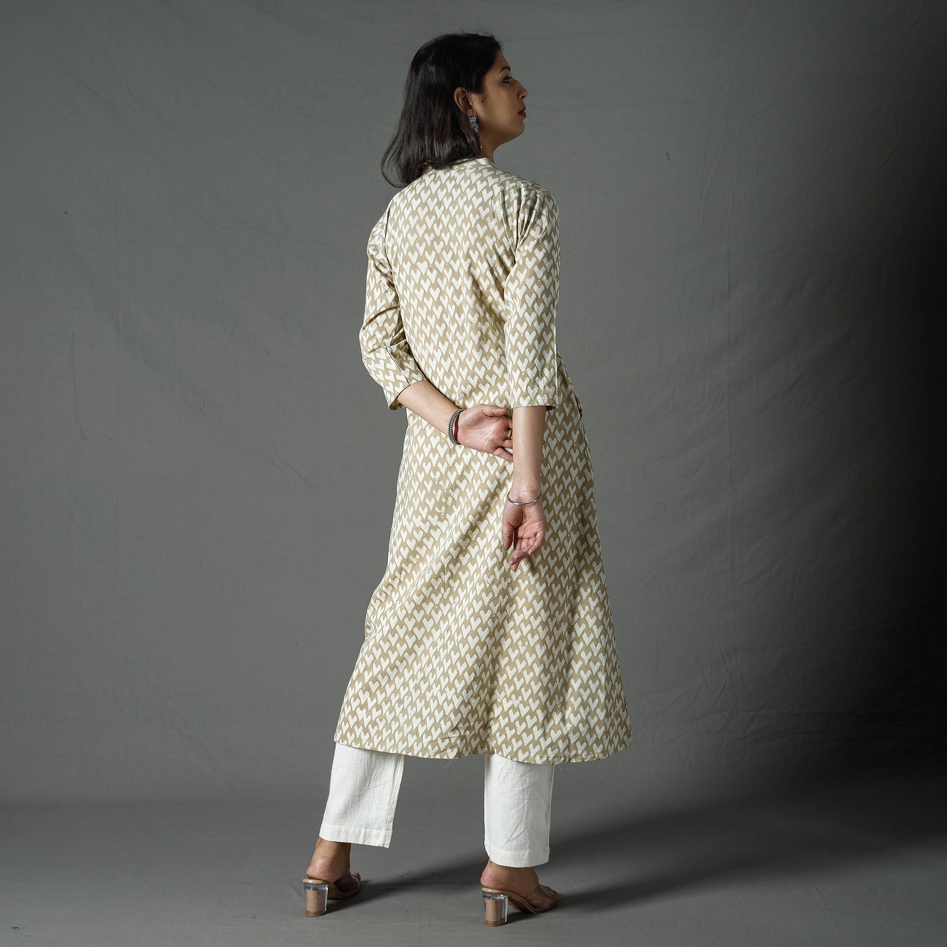 Beige - Pipad Block Printed Cotton A-Line Long Kurta