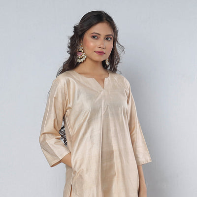 Beige - Tussar Silk Plain Long Straight Kurta