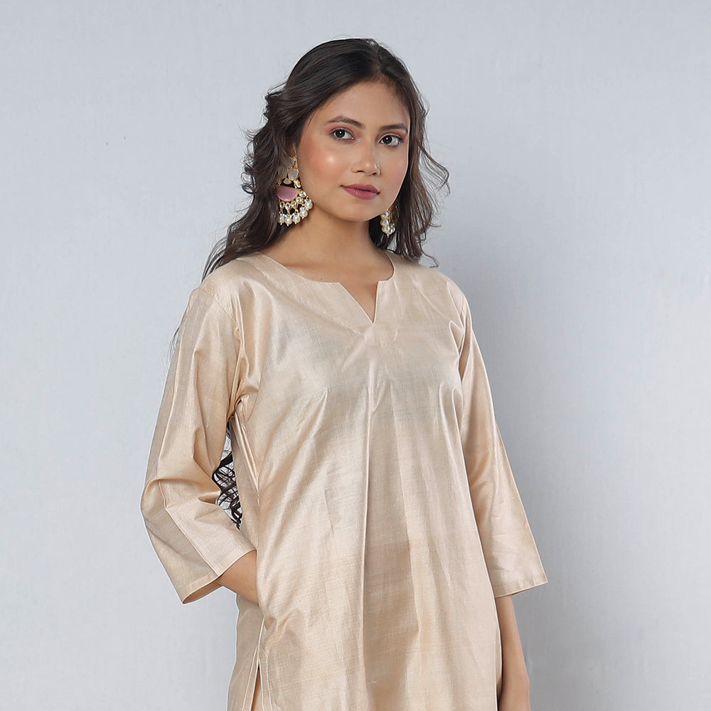 Beige - Tussar Silk Plain Long Straight Kurta