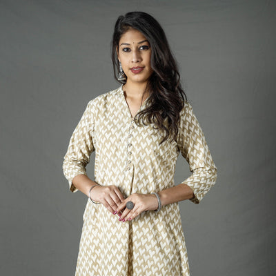 Beige - Pipad Block Printed Cotton A-Line Long Kurta