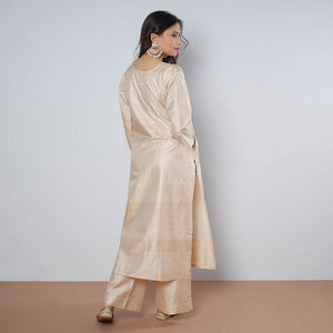 Beige - Tussar Silk Plain Long Straight Kurta