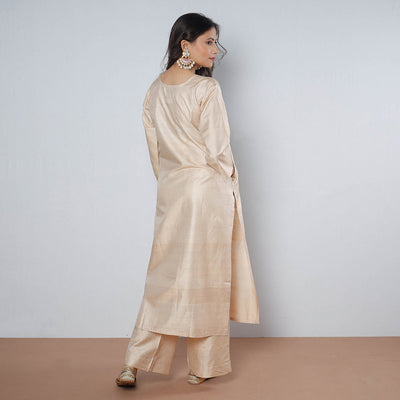 Beige - Tussar Silk Plain Long Straight Kurta