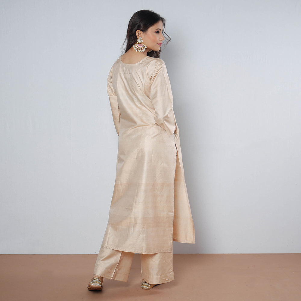 Beige - Tussar Silk Plain Long Straight Kurta