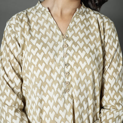 Beige - Pipad Block Printed Cotton A-Line Long Kurta