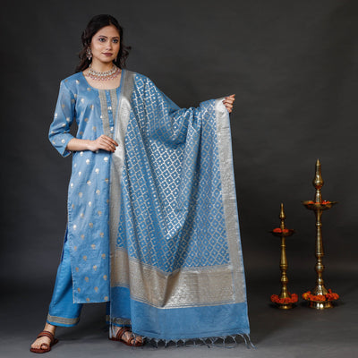 Blue - Banarasi Silk Cotton Kurta with Palazzo & Dupatta Set