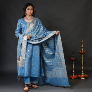 Blue - Banarasi Silk Cotton Kurta with Palazzo & Dupatta Set