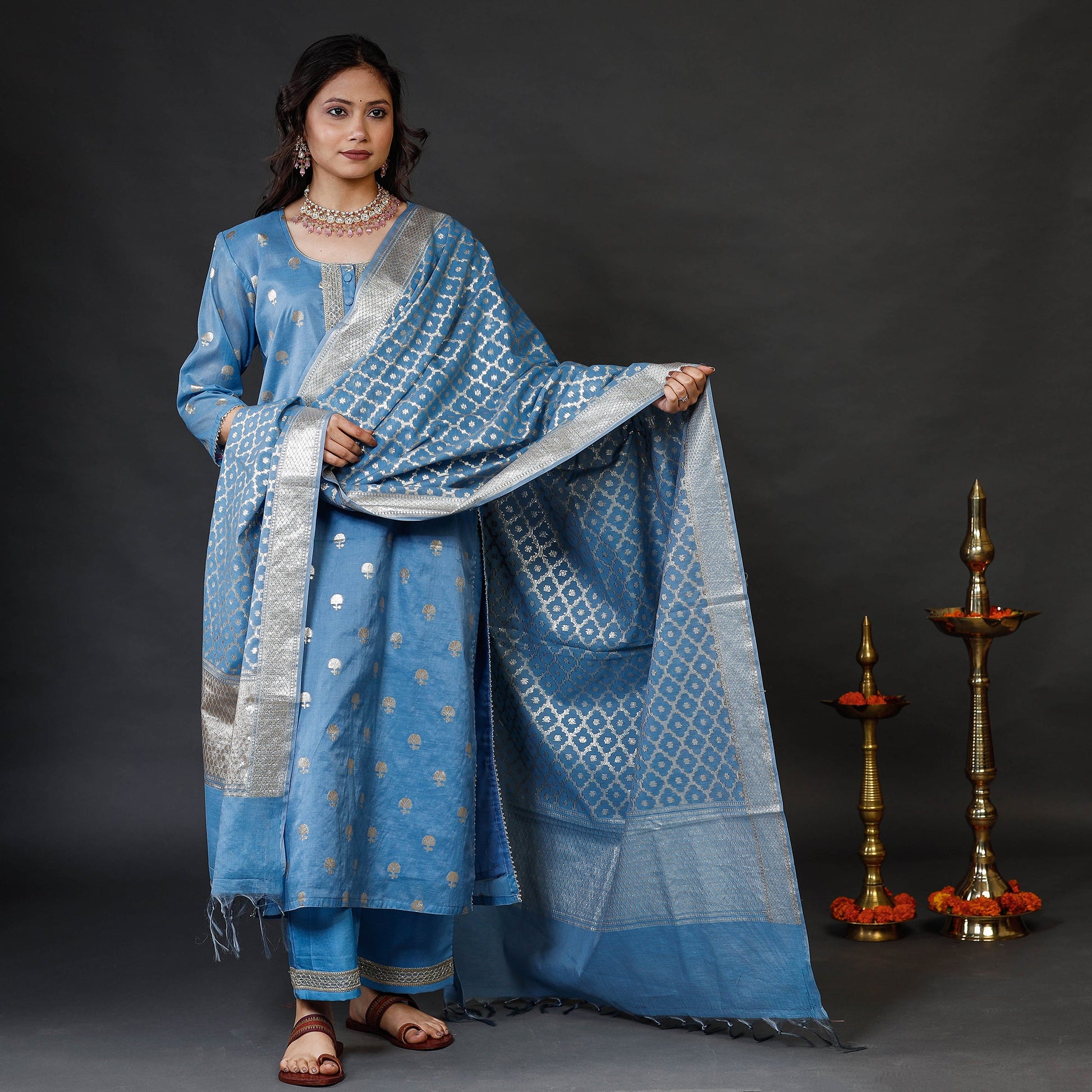 Blue - Banarasi Silk Cotton Kurta with Palazzo & Dupatta Set