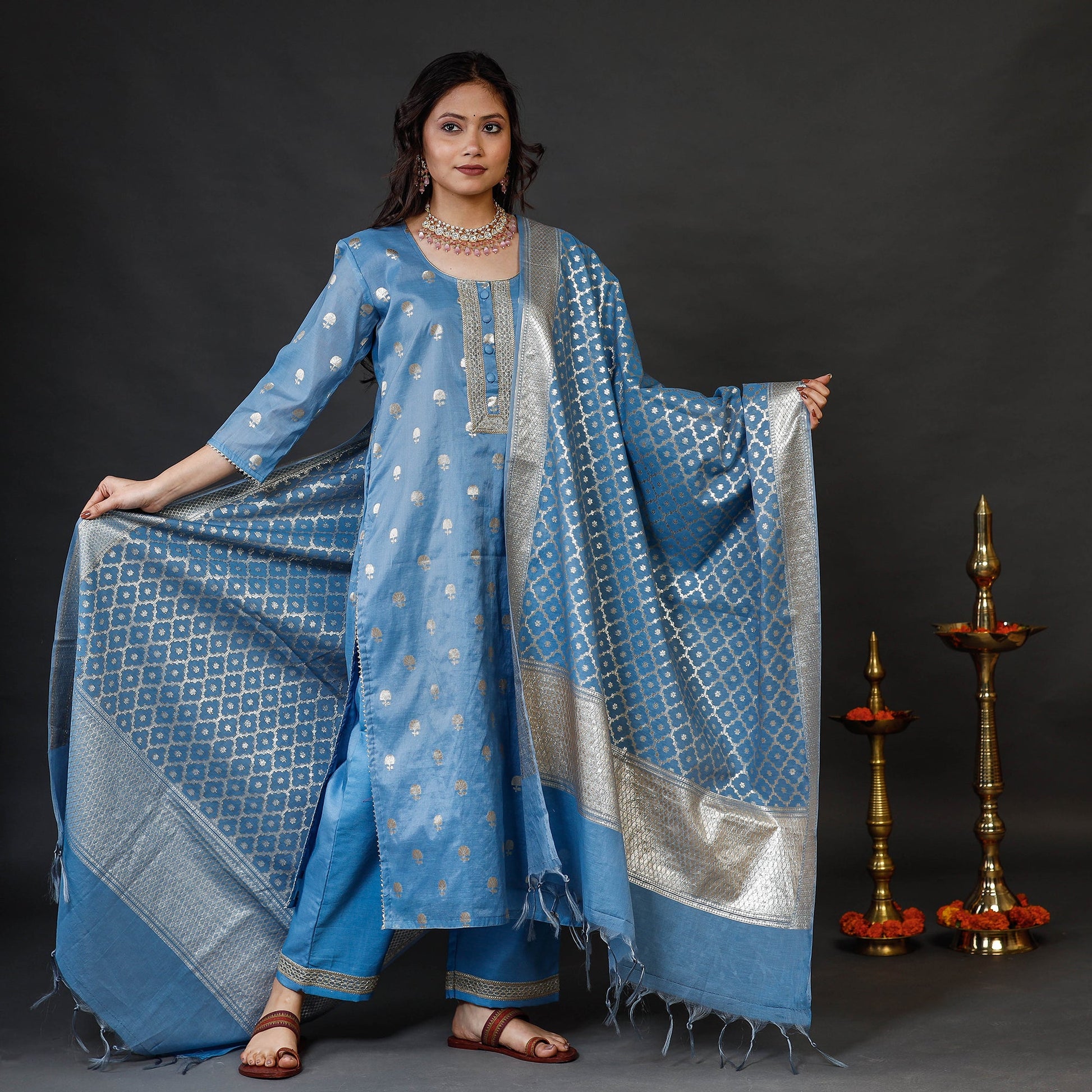Blue - Banarasi Silk Cotton Kurta with Palazzo & Dupatta Set