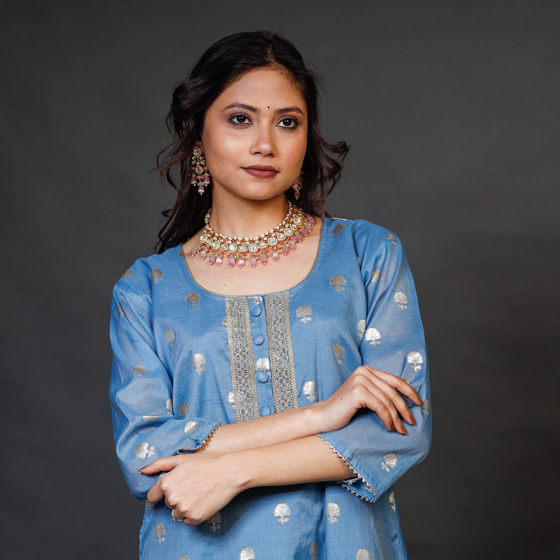 Blue - Banarasi Silk Cotton Kurta with Palazzo & Dupatta Set