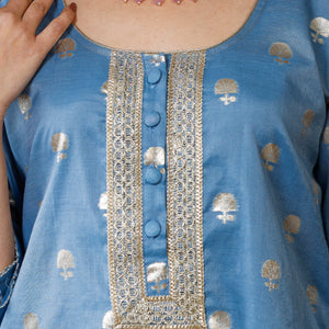 Blue - Banarasi Silk Cotton Kurta with Palazzo & Dupatta Set