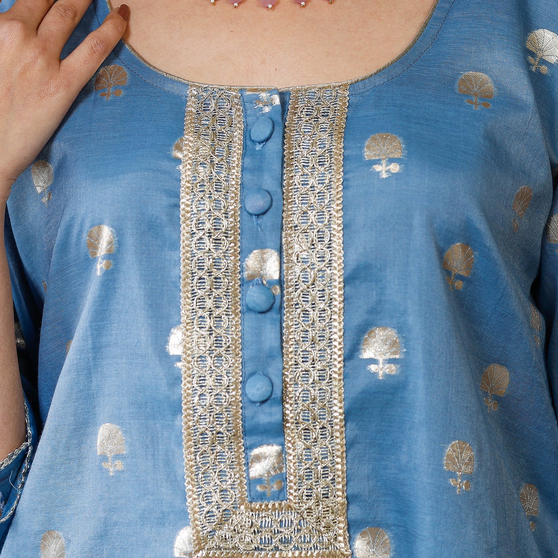 Blue - Banarasi Silk Cotton Kurta with Palazzo & Dupatta Set