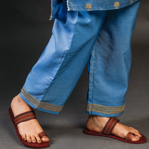 Blue - Banarasi Silk Cotton Kurta with Palazzo & Dupatta Set
