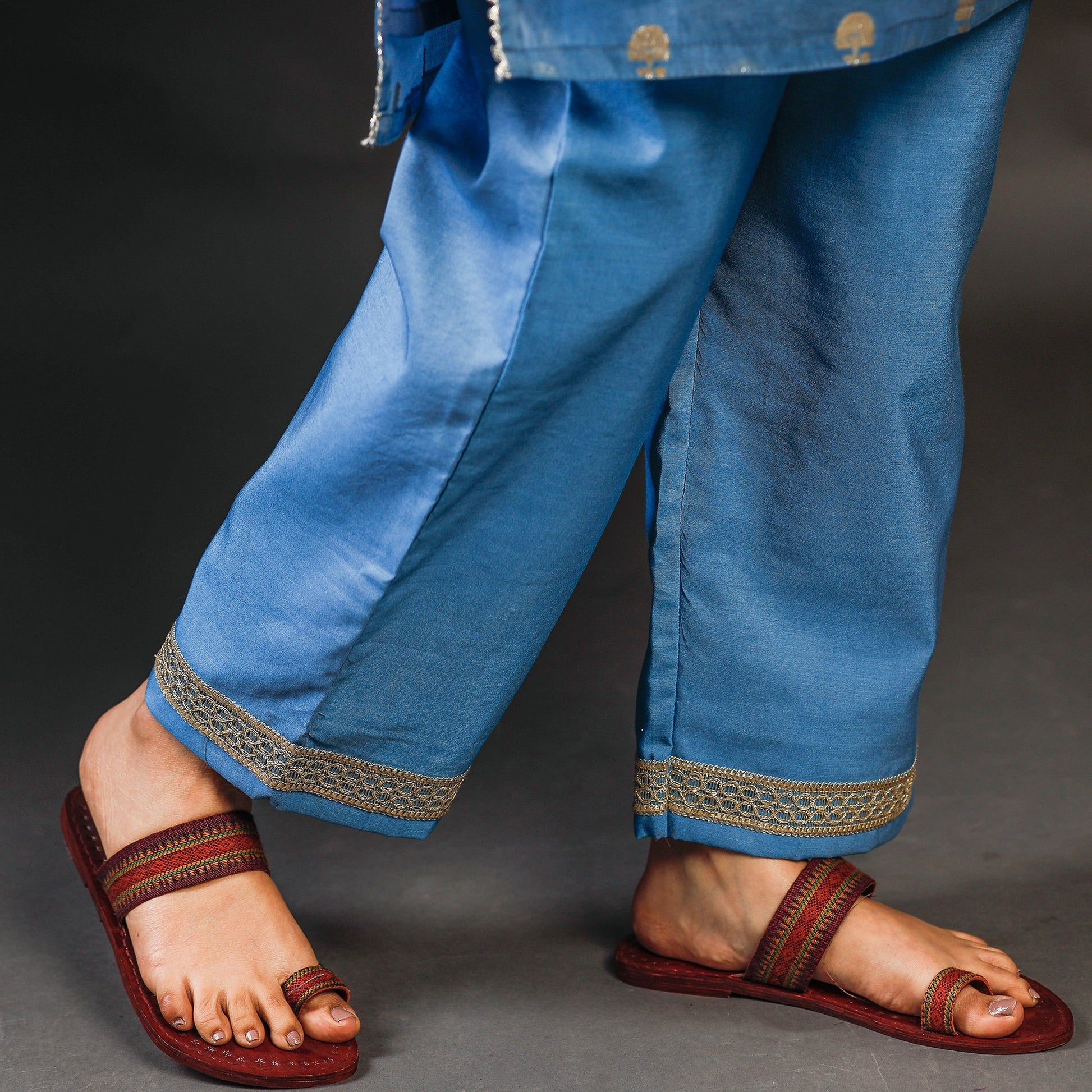 Blue - Banarasi Silk Cotton Kurta with Palazzo & Dupatta Set