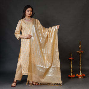 Beige - Banarasi Silk Cotton Kurta with Palazzo & Dupatta Set