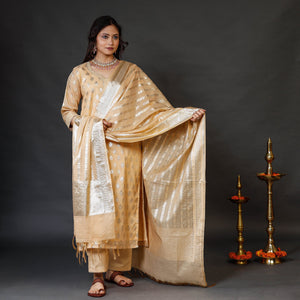 Beige - Banarasi Silk Cotton Kurta with Palazzo & Dupatta Set