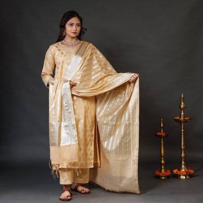 Beige - Banarasi Silk Cotton Kurta with Palazzo & Dupatta Set