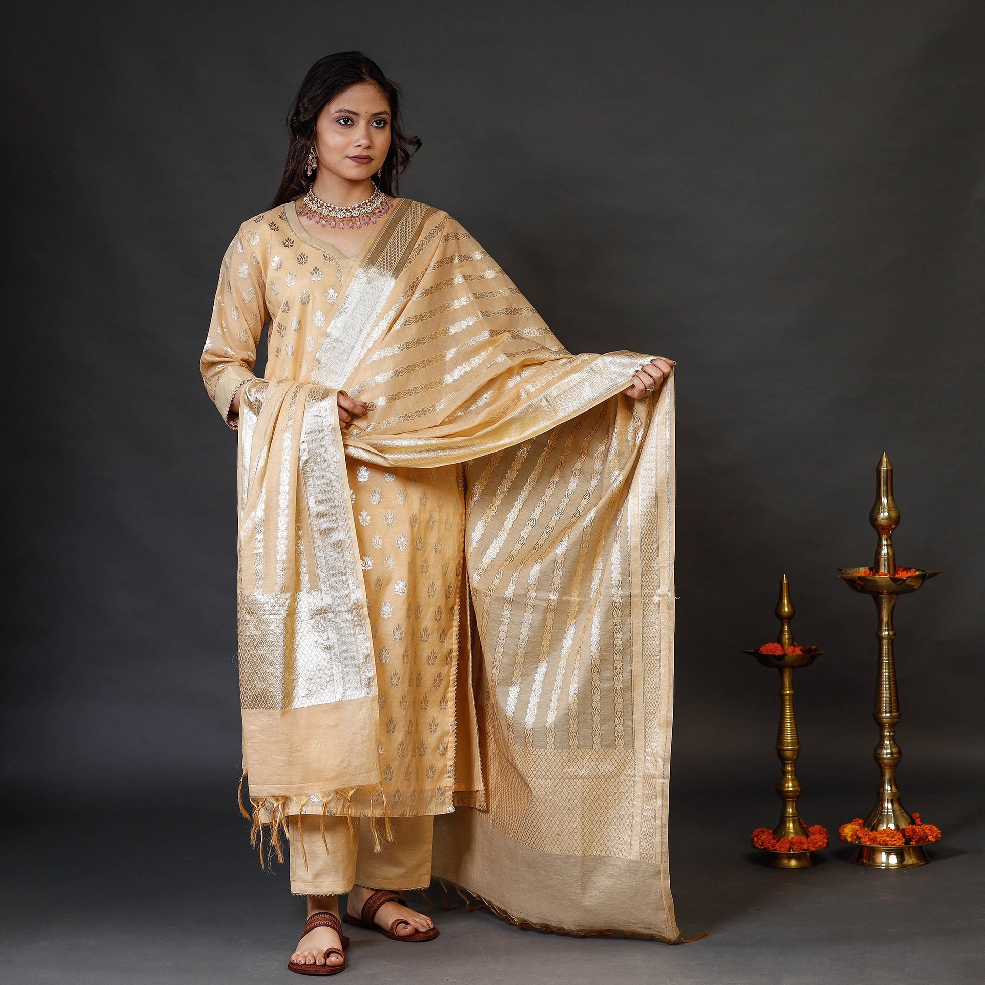 Beige - Banarasi Silk Cotton Kurta with Palazzo & Dupatta Set
