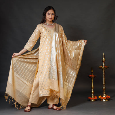 Beige - Banarasi Silk Cotton Kurta with Palazzo & Dupatta Set