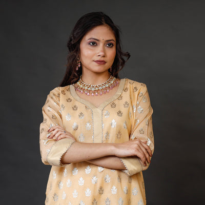 Beige - Banarasi Silk Cotton Kurta with Palazzo & Dupatta Set