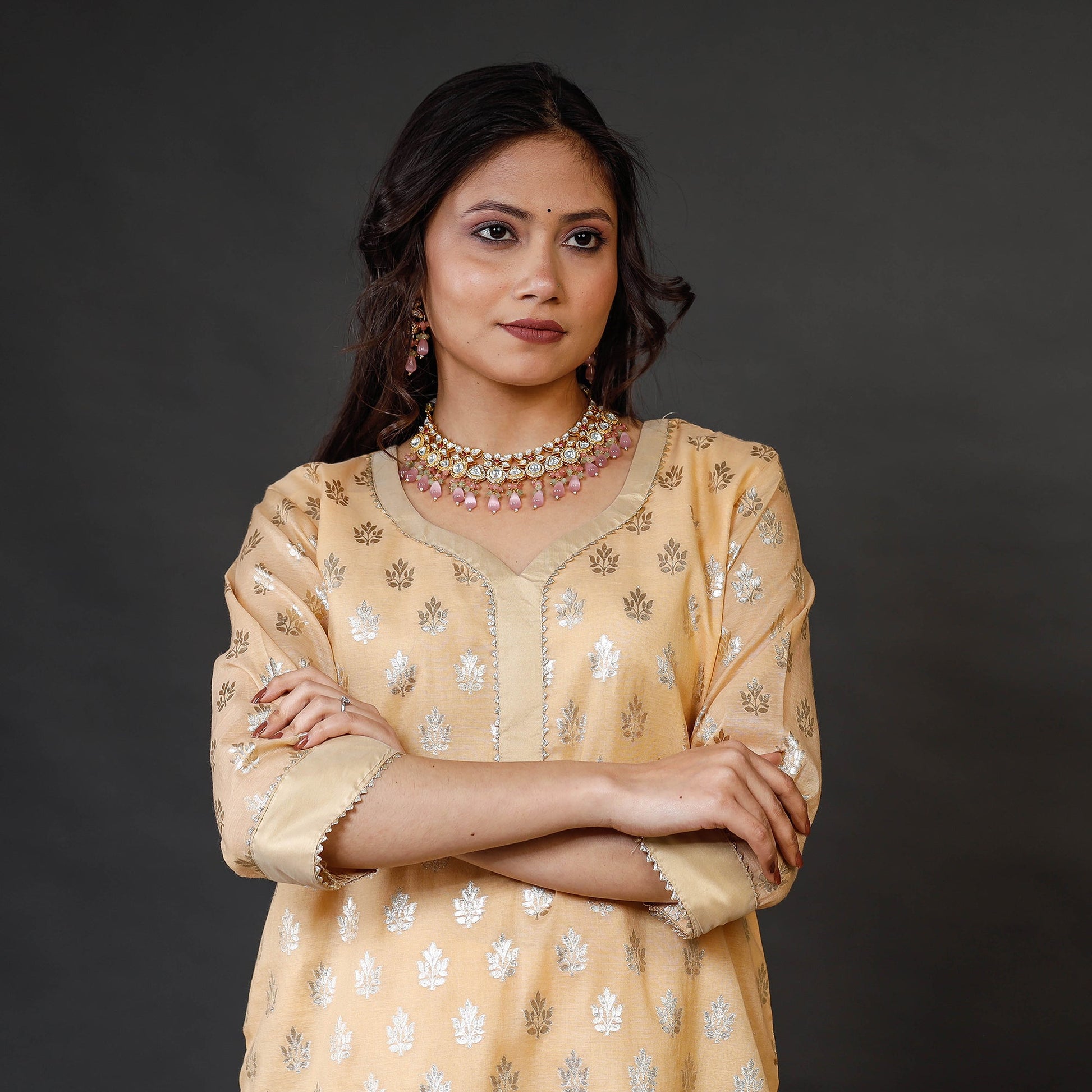 Beige - Banarasi Silk Cotton Kurta with Palazzo & Dupatta Set