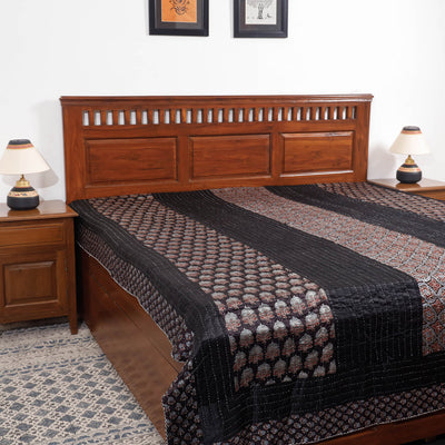 Black - Reversible Ajrakh Patch & Tagai Work Mashru Silk Double Bed Cover / Quilt (102 x 84 in)