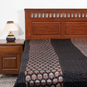 Black - Reversible Ajrakh Patch & Tagai Work Mashru Silk Double Bed Cover / Quilt (102 x 84 in)