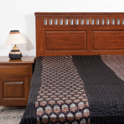 Black - Reversible Ajrakh Patch & Tagai Work Mashru Silk Double Bed Cover / Quilt (102 x 84 in)