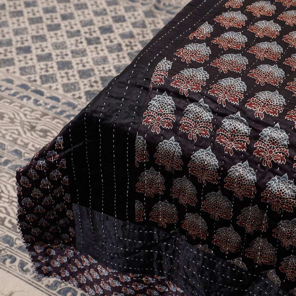 Black - Reversible Ajrakh Patch & Tagai Work Mashru Silk Double Bed Cover / Quilt (102 x 84 in)