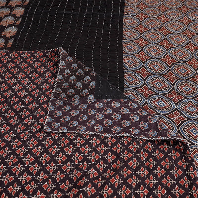 Black - Reversible Ajrakh Patch & Tagai Work Mashru Silk Double Bed Cover / Quilt (102 x 84 in)