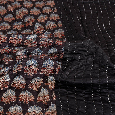 Black - Reversible Ajrakh Patch & Tagai Work Mashru Silk Double Bed Cover / Quilt (102 x 84 in)